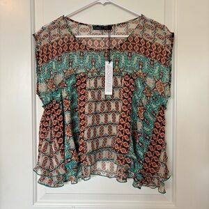 NWT Gypsy 05 Global Village Silk Sheer Geometric Blouse Orange & Blue Size Small